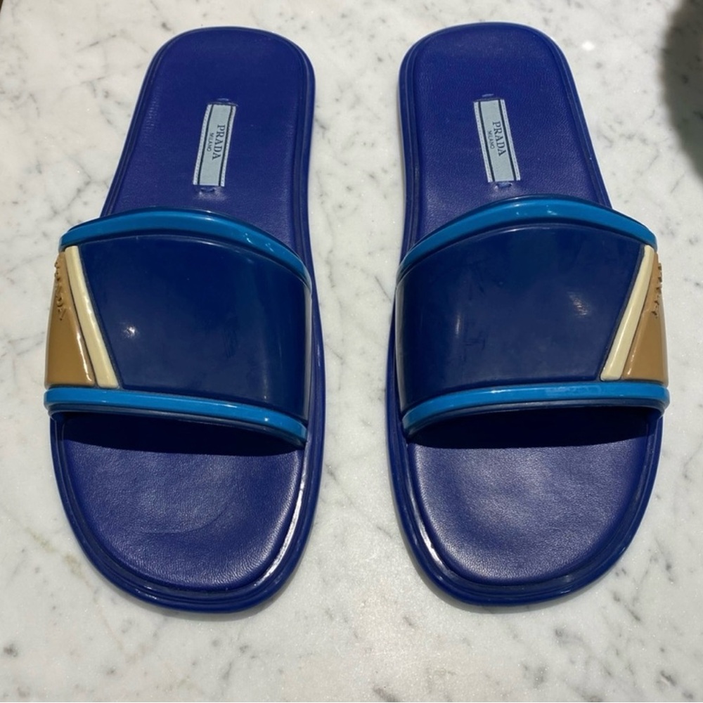 Prada Navy and Beige Slide Sandals